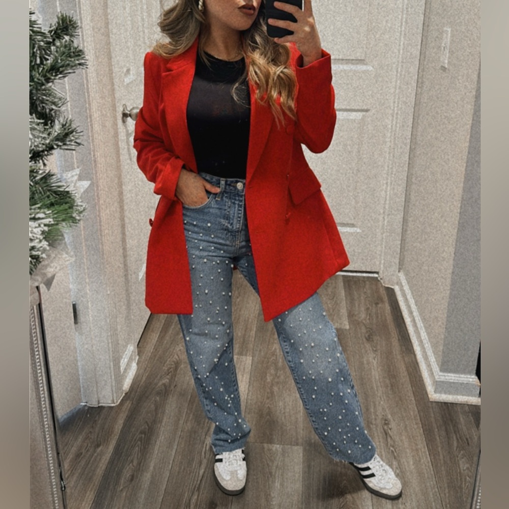 Zara Blue Straight Leg Jeans with Pearl Details